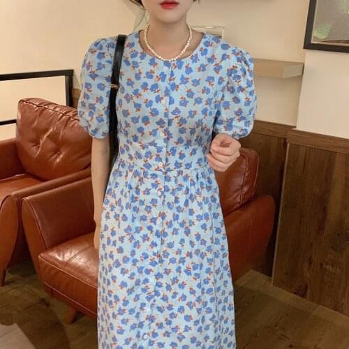 2020 Women Summer Vintage Elegant Floral Long Shirt Dress Puff Sleeve Round Collar High Waist A-line Midi Dresses