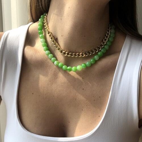 2021 New Creative Acrylic Green Beaded Gold Color Thick Chain Geometric Round Metal Necklace for Women Girls Jewelry Gifts