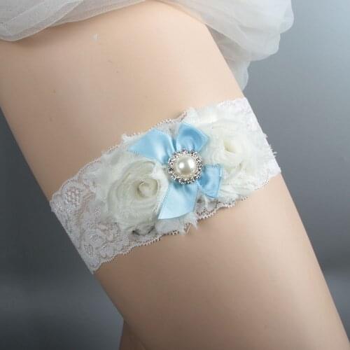 1pcs Sexy Elastic Charming Lace Garter White Pearl Blue Satin Bowknot Wedding Bridal Party Prom Accessories tirantes mujer New