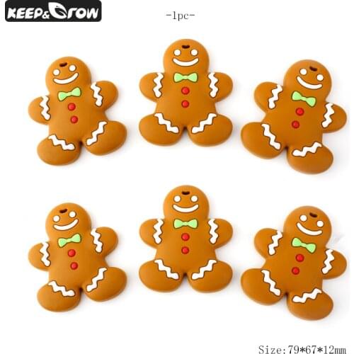 Keep&Grow 1pc Gingerbread Man Silicone Teether BPA Free Baby Teething Necklace Beads Food Grade Teether Infants Tooth Toys