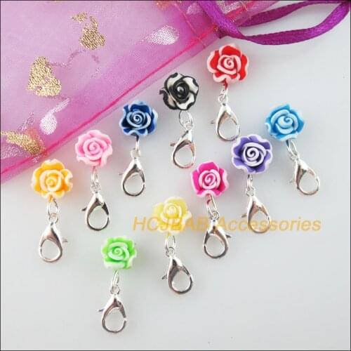 10 New Tiny Rose With Clasps Charms Silver Plated Clay Mixed