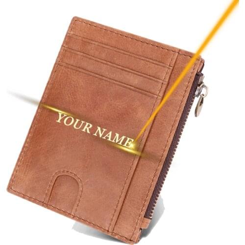 Free Engraved Genuine Leather Card Holder RFID Case Men Women Coin Purse Bank Credit Card ID Small Money Wallet Customized Gift