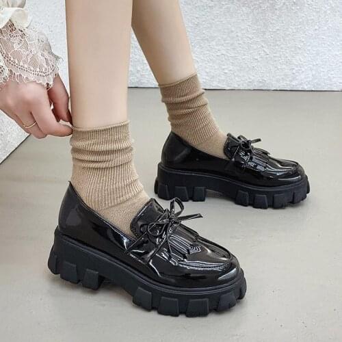Spring Autumn Women Loafers Platform Slip on Shoes Tassels Lazy Shoes Bowtie Boat Shoes Female Black Loafer Casual Shoes 8214L