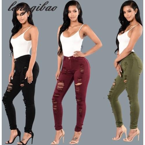 Europe and the United States knee broken Slim solid color feet pants female cowboy pencil pants AL787