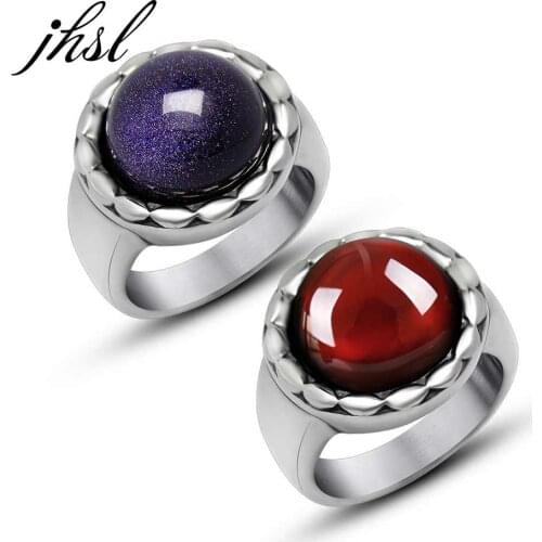 JHSL Red Blue Round Stone Men Rings Silver Color Stainless Steel Fashion Jewelry Gift Wholesale US Large Size 7 8 9 10 11 12