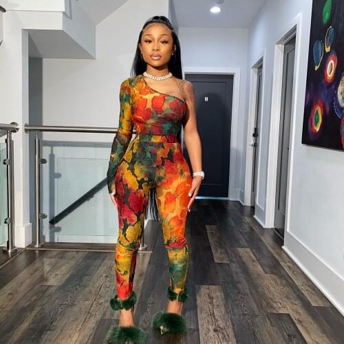 2Piece Set Women Sexy Water Color Bodycon Single One shoulder Long Sleeve T-Shirts+High waist Long Leggings Pants Sets