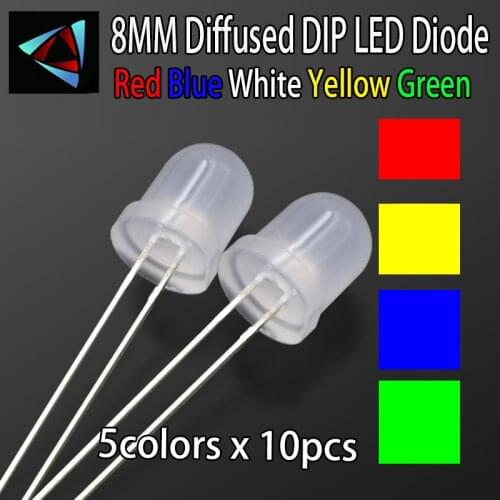 50pcs (5 colors x 10pcs) 8mm LED Diode Kit 8 mm 3V Set Light Emitting White Green Red Blue Yellow