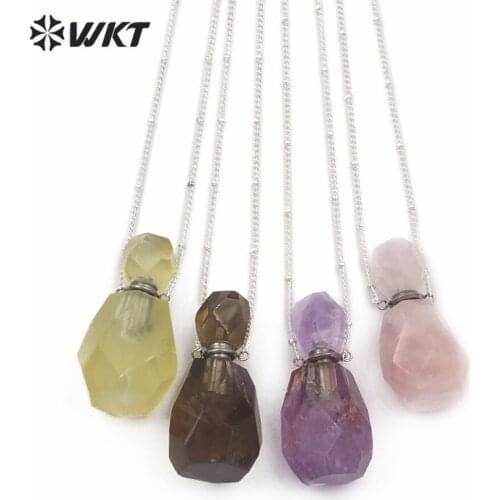 WT-N1145 Super hot sales natural stone perfume bottle necklace fashion stainless steel raw stone perfume stone necklace