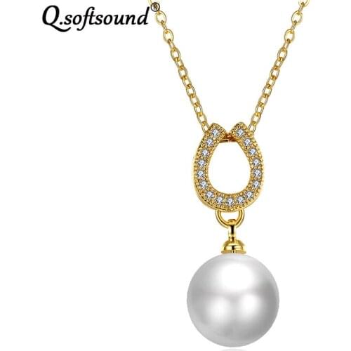 New Fashion 11mm Shell Synthetic Pearl Pendant Necklaces For Women Gold Color Zirconia Jewelry Accessories Gargantilha QN1046