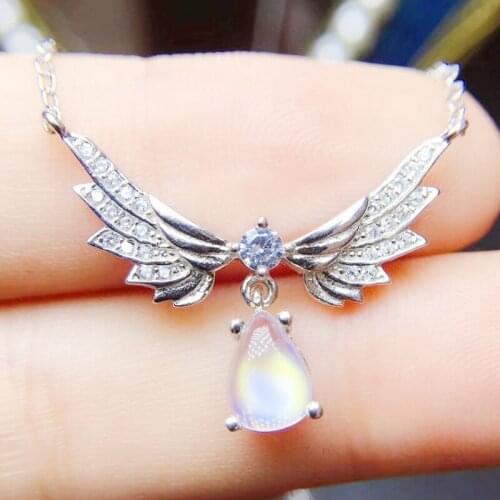 NATURAL REAL BLUE MOONSTONE ANGLE WING STYLE NECKLACE 0.7CT GEMSTONE 925 STERLING SILVER FINE JEWELRY Q282416