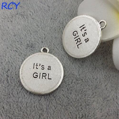 Top Quality 20 Pieces/lot 22mm antique silver color letter printed its a girl round disc message charm girl pendant