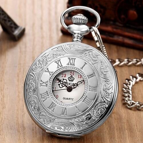 Retro Roman Numerals Hand Wind Mechanical Pocket Watch FOB Chain Steampunk Skeleton Hollow Case Vintage Pendant Necklace Men