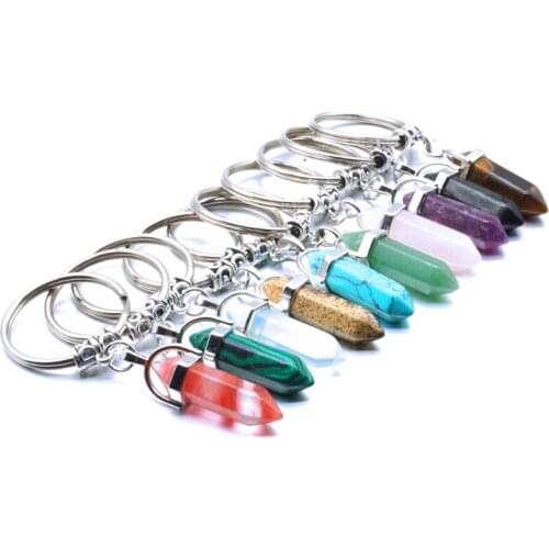 Hexagon Prism Keychain Keyring Jewelry Natural Stone Crystal Key Rings Bag Charm Keychains Charms Pendant Car Key Ring Jewelry