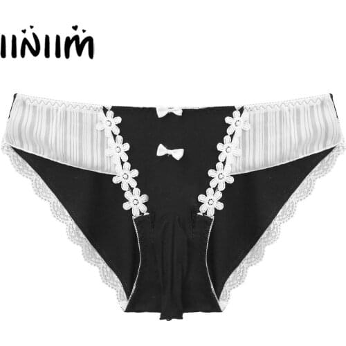 Sexy Mens Sissy Panties Flower Embroidery Lace Trim Briefs Low Waist Lingerie Underwear Bulge Pouch Elastic Waistband Underpants