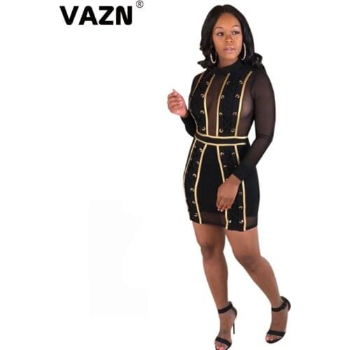 VAZN 2020 Top Quality Black Patchwork Lace Sexy Club Novelty Open Young Little Chap Full Sleeve Women High Waist Mini Dress