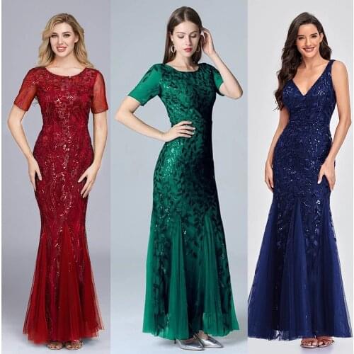 Formal Party Gowns O-Neck 2021 Embroidered beaded Fabric Prom Dresses Sugar Color Short Sleeve Elegant Little Mermaid Dresses