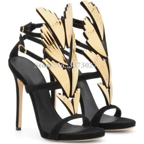 Lady New Angel Wings Gladiator Sandals Fashion Black Suede Platform Stiletto Heel Dress Sandals Women Popular Party High Heels