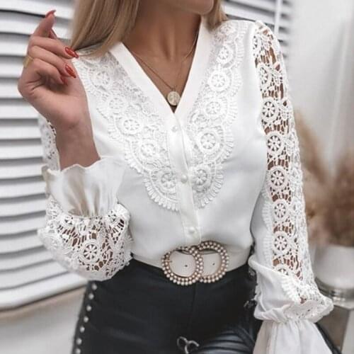 Women Lace Tops Long Sleeve Hollow Soild Color Sexy Loose Ladies V Neck Shirt 2021 New Summer Office Elegant Females Clothes
