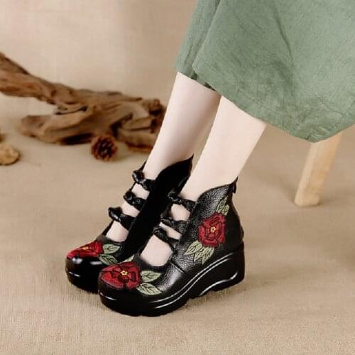 2020 New Spring Summer Autumn China Style Flower Platform Genuine Leather Women Pumps Wedges Size 34-41 Lady Shoes 20190608