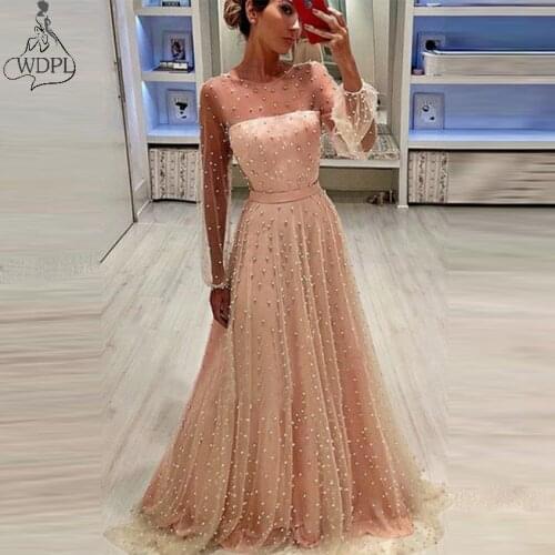 Pink Tulle Long Prom Dresses 2019 Long Sleeves Floor Length Formal Evening Dress with Pearls robe de soiree abendkleider