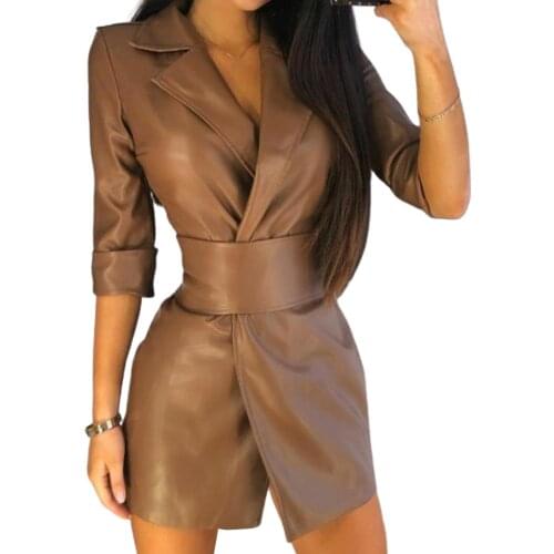 Faux Leather Women Dress Autumn Office Lady Mini Dresses PU Lapel Half Sleeve Belt Plus Size Punk Jacket Dress