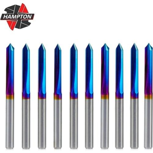 10pcs 2 Flute Straight V Bit 3.175mm Shank 20/30/45/60/90 Degrees Carving Cutter Nano Blue Coated CNC Router Bit