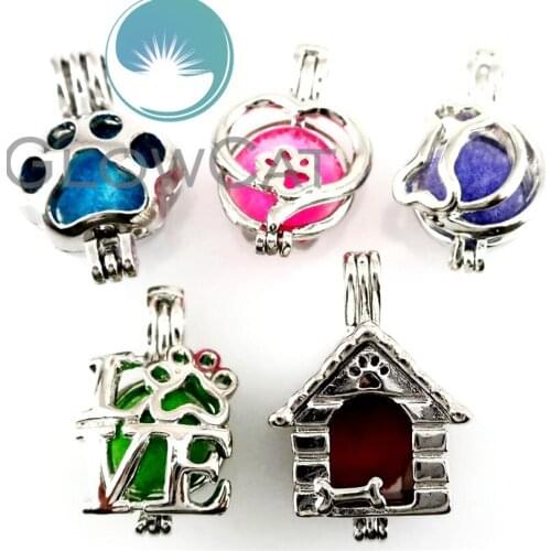 22161 Love Heart Pet House Puppy Dog Bone Claw Print Pearl Beads Cage Essential Oil Diffuser Aromatherapy Locket Pendant