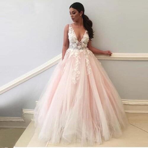 ANGELSBRIDEP Pink Wedding Dresses Vestido De Noiva Sexy Deep V-Neck Applique Floor-Length Tulle Plus Size Formal Bridal Gown