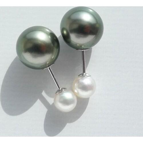 Free Shipping Multicolor Real Tahitian Akoya Double Sided Pearl Stud Earrings 18K White Gold