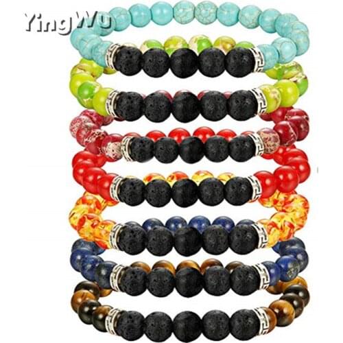 Yingwu 15pcs/lot Natural Lapis Lazuli Tiger Eye Stone Beads Bracelets for Women Men Stretch Lava Stone Bracelet Couple Jewelry
