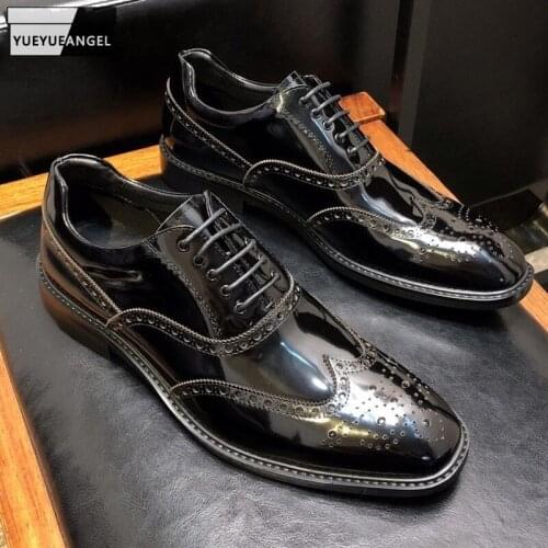 Mens Retro Carved Genuine Leather Brogue Shoes New Business Casual Office Man Work Dress Shoes Luxury Brand Lace Up Formal Shoes