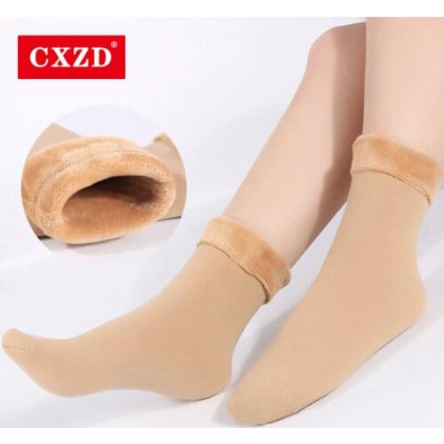 CXZD Winter Warm Stylish black long high 2 color solid short thick socks Women Plus velvet Cotton elastic for lady girl Christma