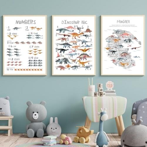 Dinosaur Alphabet Map Numeral Wall Art Canvas Painting Nordic Posters And Education Prints Wall Pictures Kids Room Nursery Decor