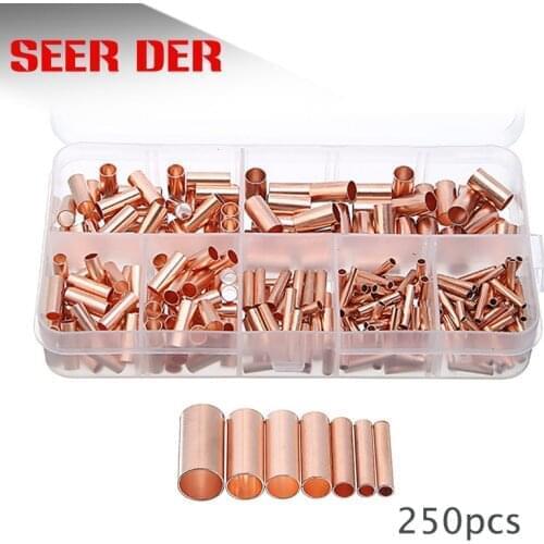 250PCS 7size Copper connecting pipe wire joint small copper tube intermediate joint direct connection pressure pipe cold pressed
