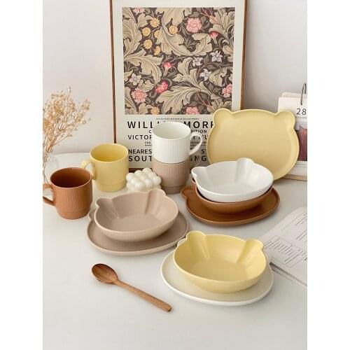 Kawaii Bear Bowl Korean Style Cute Ceramic Bowl and Plate Set Children and Girls Dessert Bowl Breakfast Plate Milk Coffee Cup