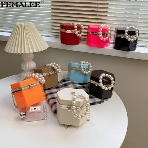 Spring New Candy Color PVC Handbags Designer Pearl Handle Six Prism Shoulder Purses Fashion Chain Luxury Female Crossbody Bolsa