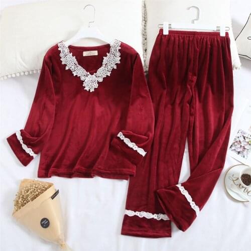 Autumn Winter New Sleepwear Homewear Female Gray Lace 2PCS Pajamas Suit Coral Fleece Nightwear Flannel Sleep Set Pyjamas