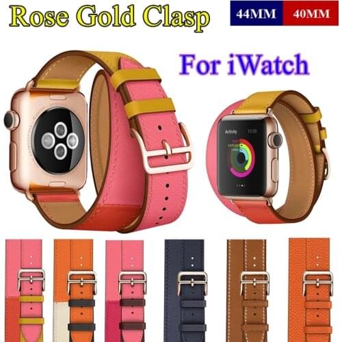 Rose Gold Buckle for Apple Watch Band Series 6 5 4 3 2 1 SE 44/40MM 42/38MM Swift Leather Double Tour Strap Bracelet for iWatch