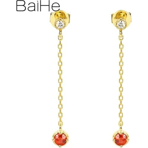 BAIHE Solid 18K Yellow Gold 0.24ct Natural Rubis Earring 0.006ct Natural Diamonds Fine Jewelry Ruby Ear line Earrings Women
