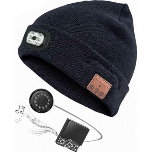 LED Headlight Wireless Beanie Hat with Handsfree Winter Warm Bluetooh 5.0 Cap Q84C
