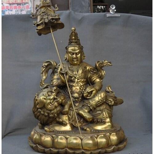 Tibetan Buddhist brass copper Vaishravana Treasure King Buddha on Lions Statue