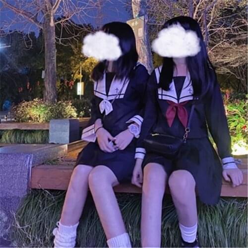 Anime Cosplay Japanese School Uniform Women Bad Girl Style Pleated Skirt Long Short College Black Sailor Suits Streetwear Set