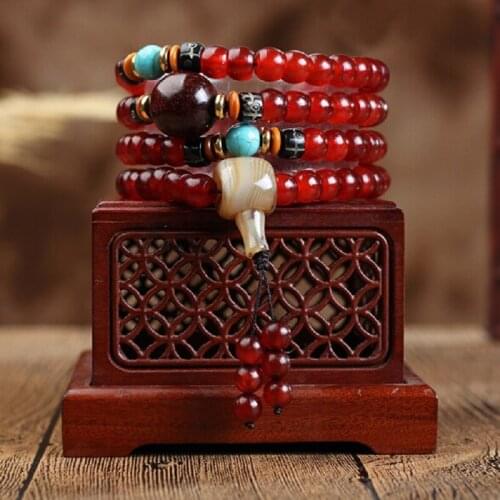 High Quality Natural Tibet Jokhang Temple Old Sheep Horn Polished Barrels Beads 108 Mala Hand Strings Men and Women Bracelet