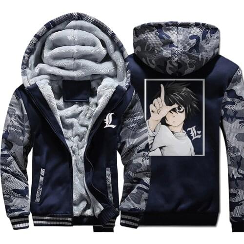 Yagami Light Fleece Sweatshirt Death Note Hoodies Camo 2019 Winter Kira Thick Mens Japan Anime Coat Men Thicken Harajuku Hoodie