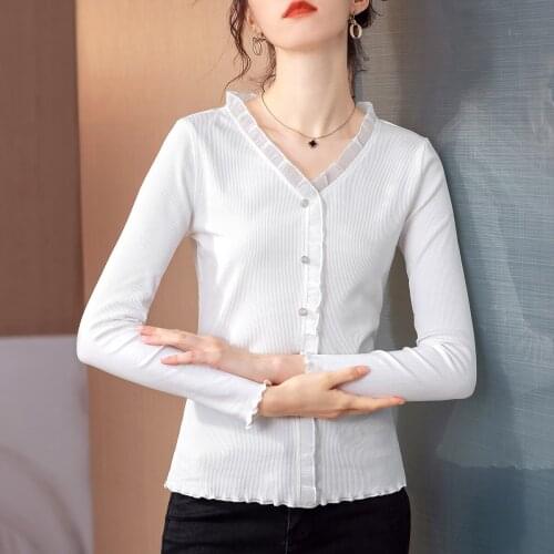 Ruffles T Shirt Women Pullover Button Long Sleeve Woman Clothes Fashion 2021 New Spring Autumn Tops Korean Style Tee Shirt Femme