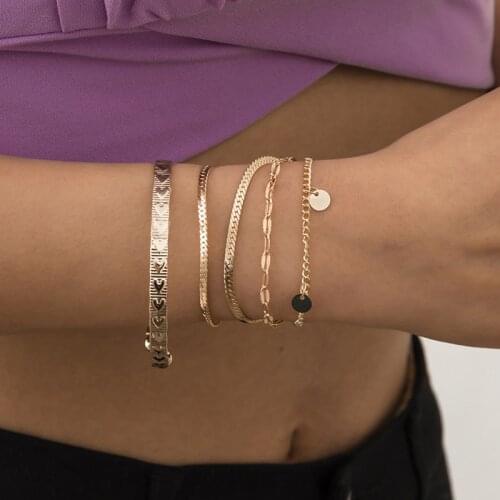 1 Set Fashion Flat Snake Chain Bracelets for Women Charm Carved Heart Sequins Tassel Bracelets Set Classical Jewelry Gifts