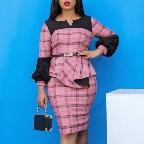 Women Pink Plaid Dresses Patchwork Long Lantern Sleeve Belt Slim Office Ladies Bodycon Classy Female Robes 2021 Summer Fall New