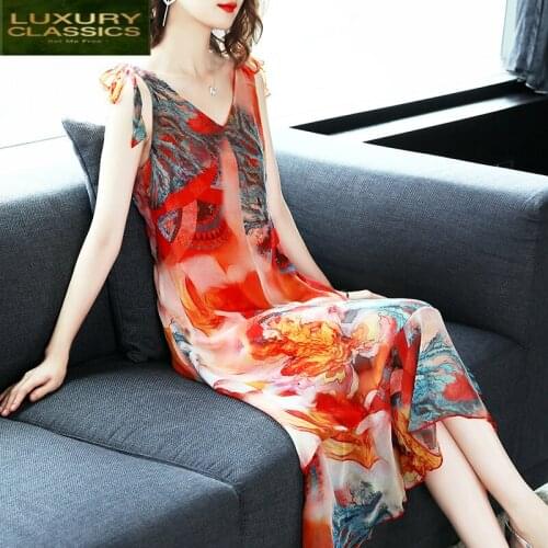 Women Real Silk Dress Spaghetti Strap Long Summer Dress Elegant Floral Ladies Dresses Beach Party Vestidos 2021 LWL1813