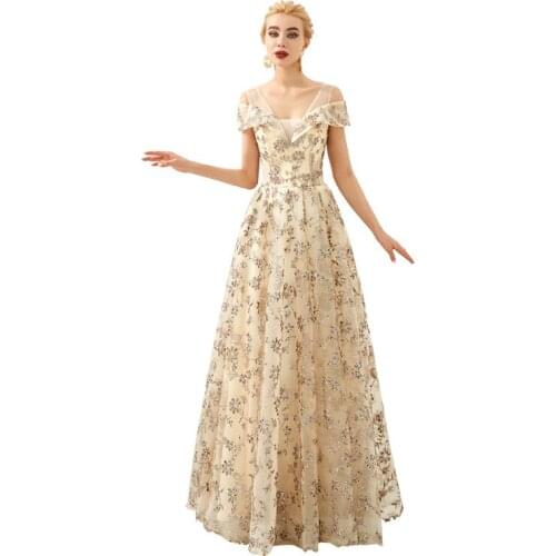 In Stock Champagne Tulle with Printed V-Neck Off the Shoulder Evening dress long Robe de soiree Abendkleider Formal dress 31332