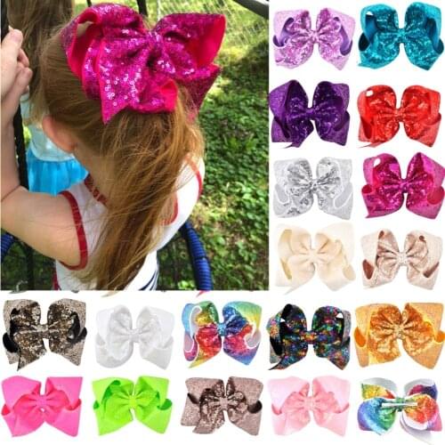 Lovely 8 inch/6 Inch Children Girls Rainbow Large Big Hair Bow Sequins Hair Accessories Women Shining Alligator Party Hair Clips